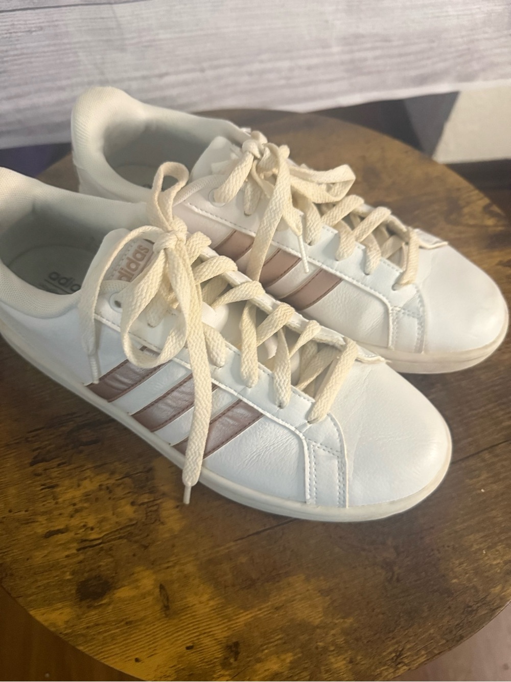 adidas Women’s White Sneakers with Rose Gold Stripes